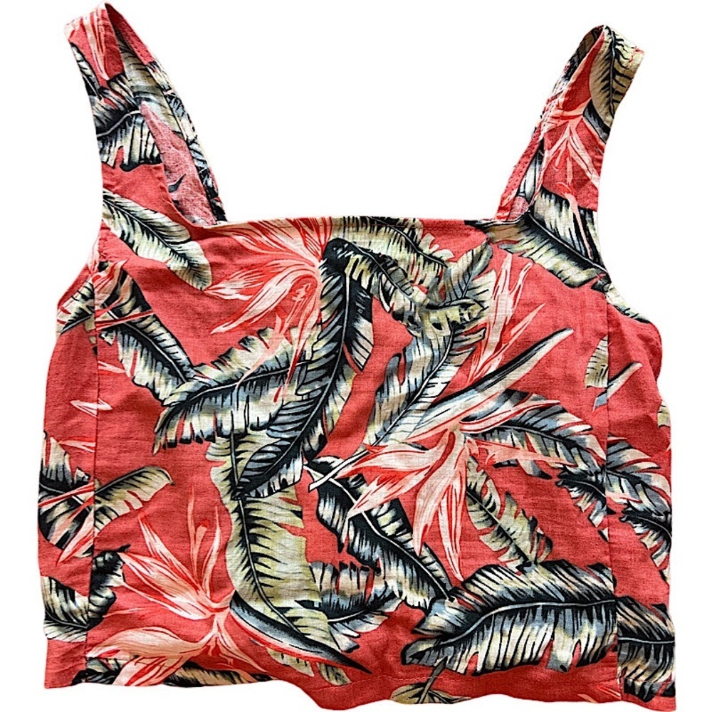 Christian Siriano Linen Palm Tree Smocked Back Womens Cropped Top NWT